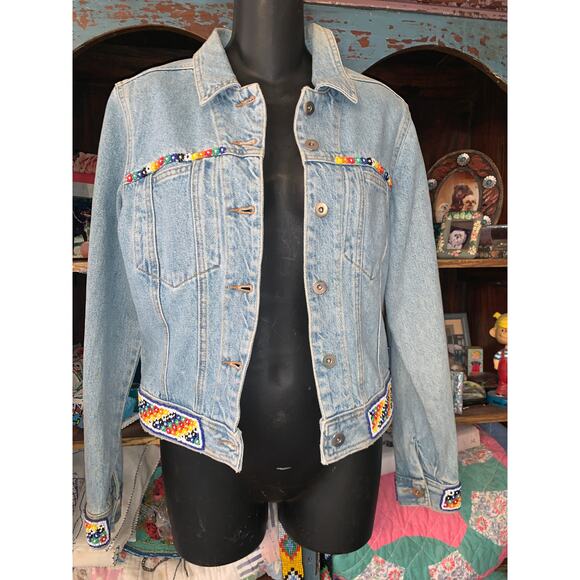 VINTAGE 90'S Y2K UNWORN ABS ALLEN SCHWARTZ BEADED DENIM JEAN JACKET - Picture 5 of 10